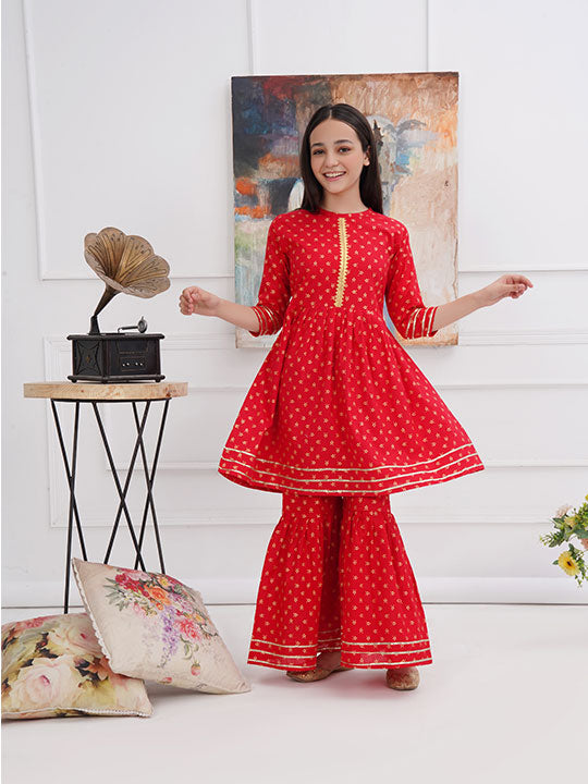 Red Shirt with Gharara Lilen Set