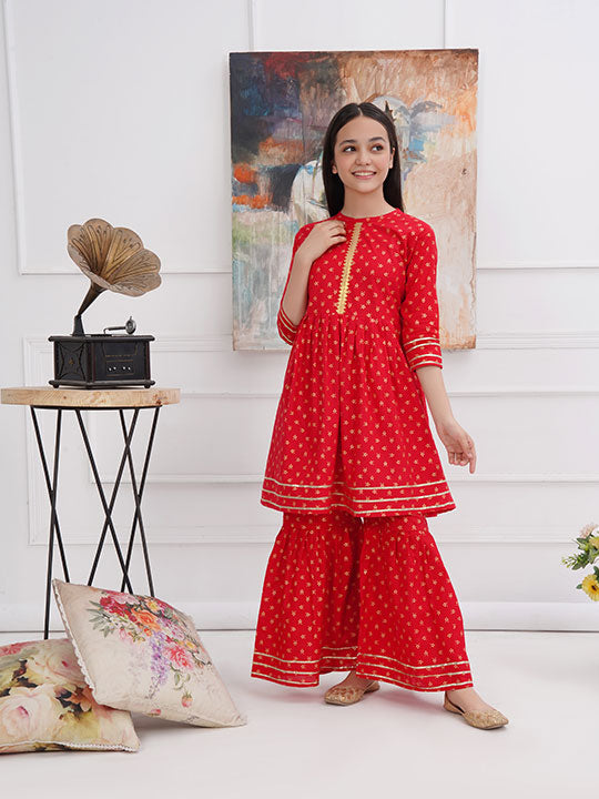 Red Shirt & Gharara Suit for Girls
