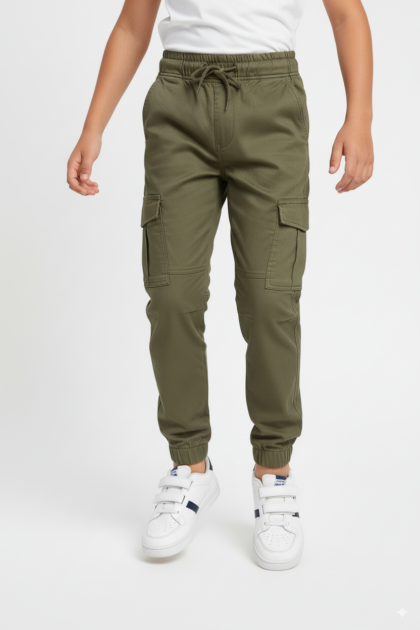 Green 6 Pocket Kids Unisex Cotton Cargo Trouser
