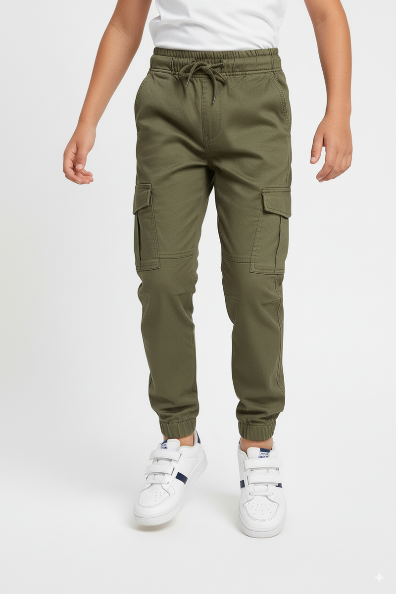 Green 6 Pocket Kids Unisex Cotton Cargo Trouser