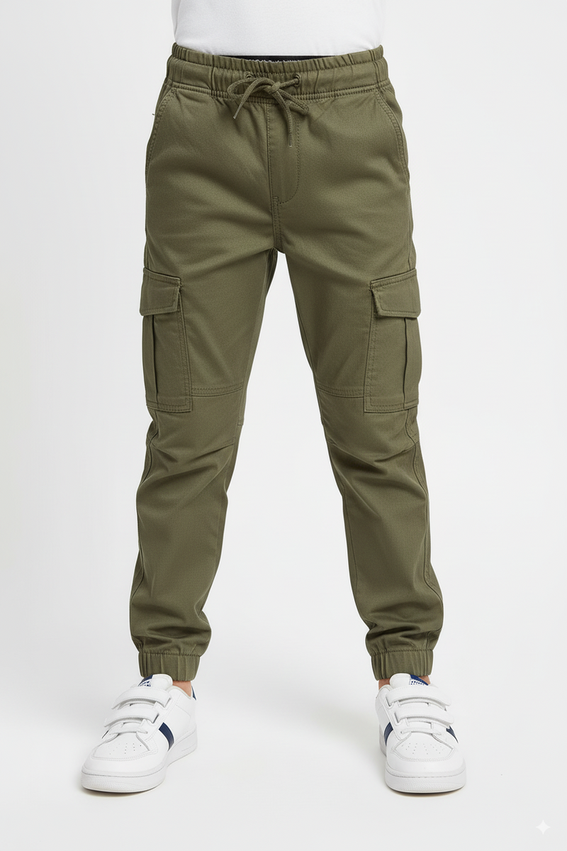 Green 6 Pocket Kids Unisex Cotton Cargo Trouser
