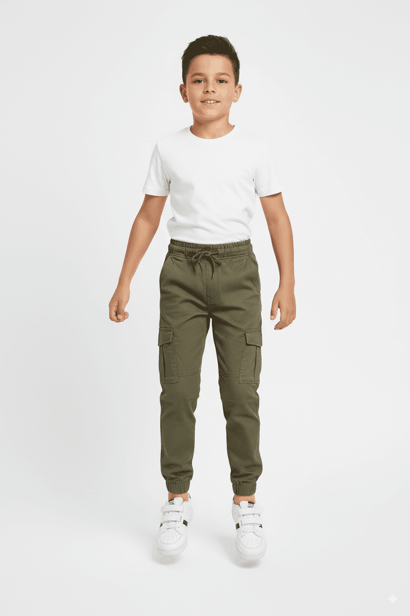 Green 6 Pocket Kids Unisex Cotton Cargo Trouser - Wearup