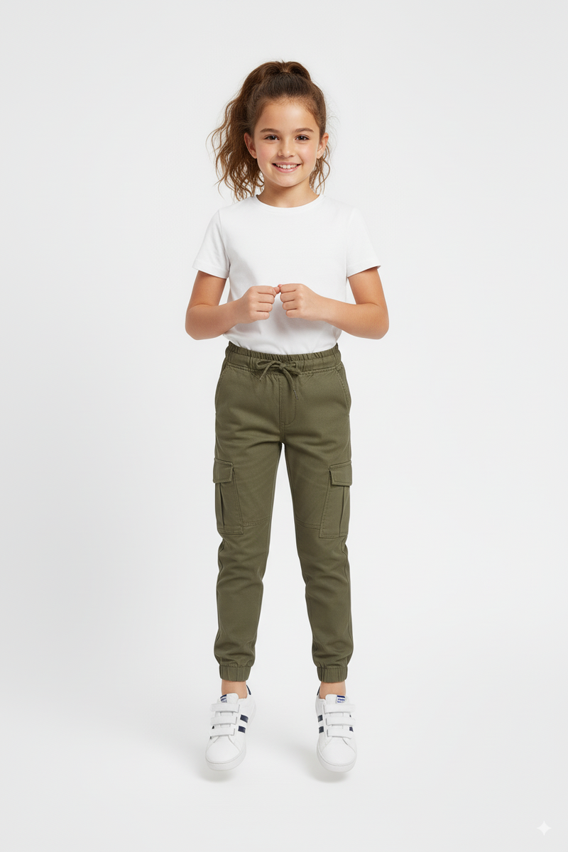 Green 6 Pocket Kids Unisex Cotton Cargo Trouser