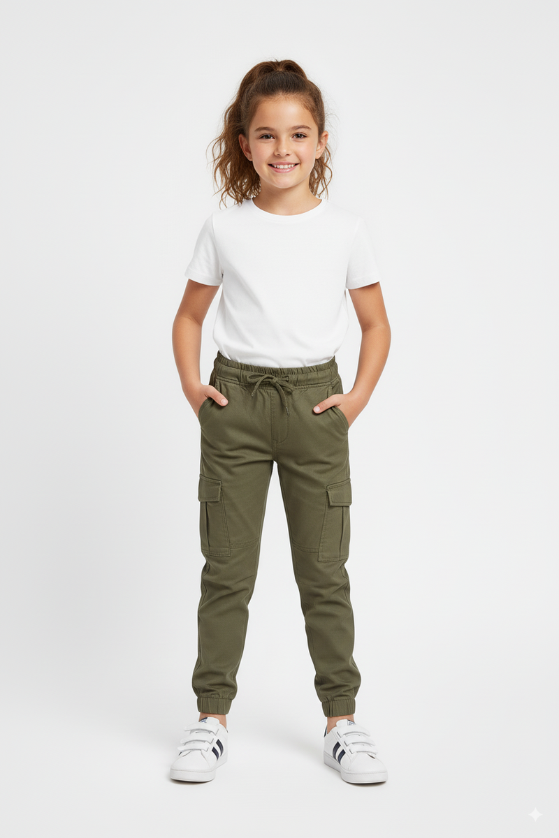 Green 6 Pocket Kids Unisex Cotton Cargo Trouser