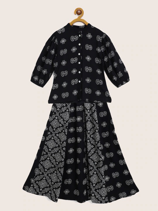Black Printed Blouse Skirt Girls Suit Wearup