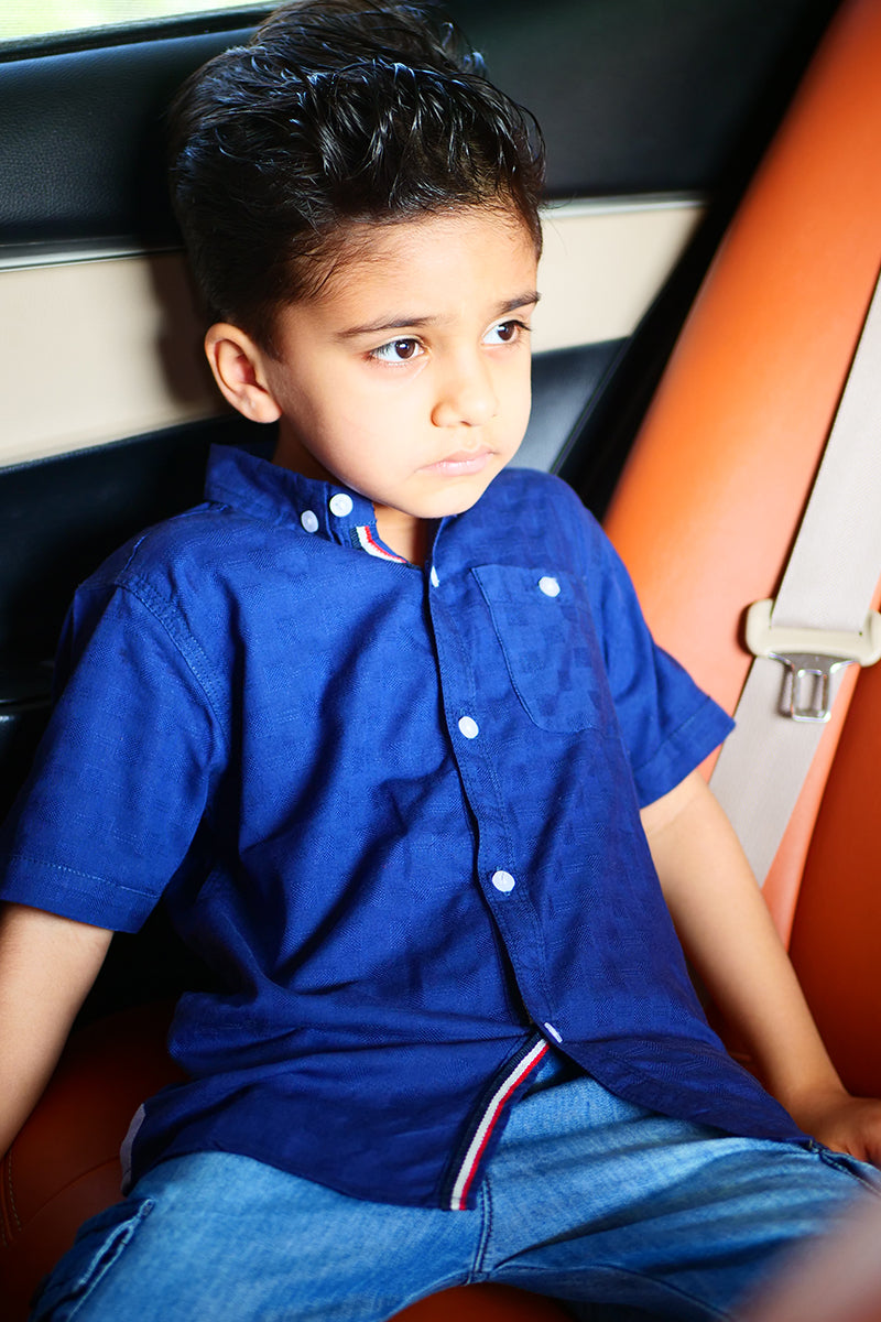Blue Self Printed Pocket Button Shirt